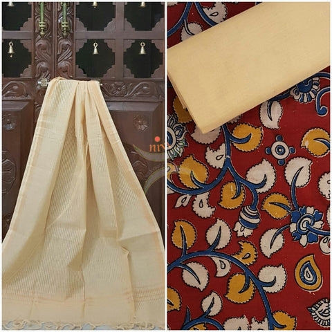 Maroon red handwoven kalamkari top with floral motif all over combined with off white handwoven mangalgiri duppata and bottom