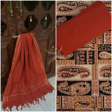 Beige handwoven kalamkari top with Paisley motif all over combined with maroon red handwoven mangalgiri duppata and bottom