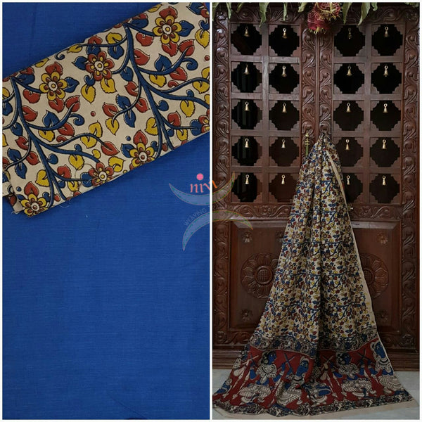 Handloom Mul cotton human and floral motif print kalamkari with mangalgiri Cotton top.