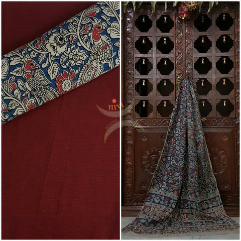 Handloom Mul cotton peacock and floral motif print kalamkari with mangalgiri Cotton top.
