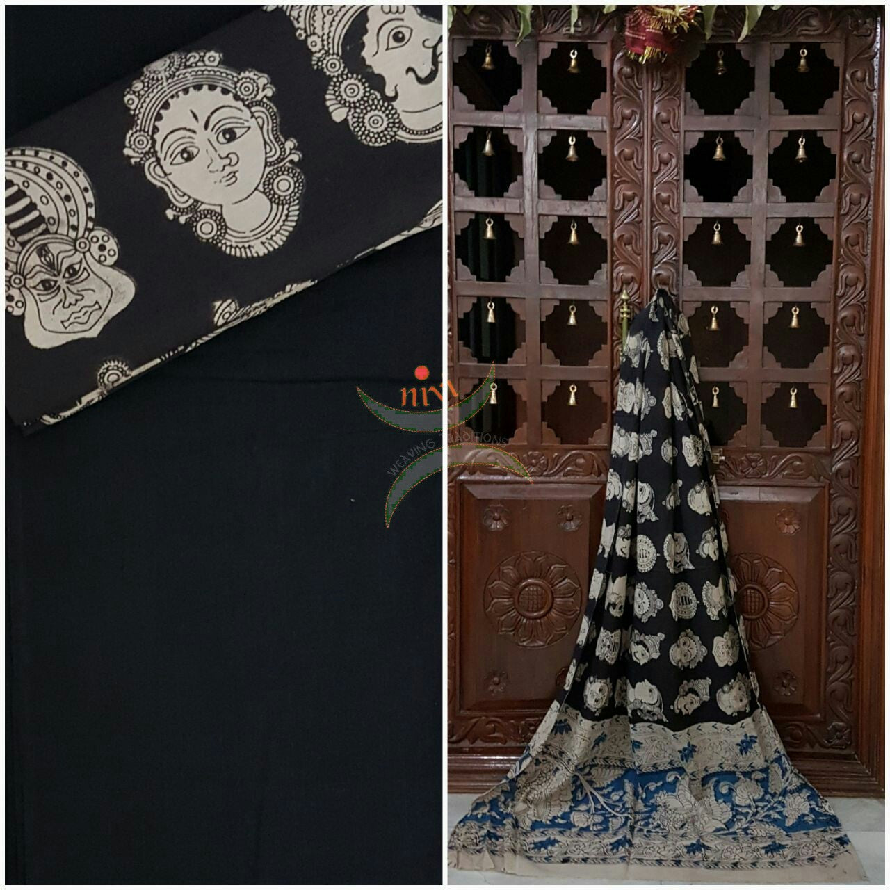 Handloom Mul cotton human and kathakaliface motif print kalamkari with mangalgiri Cotton top.