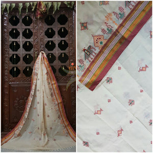 Off white with Pink Ilkal Kasuti embroidered Duppata with Traditional Anne Gopura motifs.