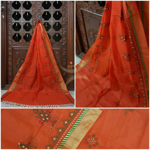Orange with Gold  Kota Cotton Kasuti embroidered Duppata with Traditional Anne Ambari motifs.