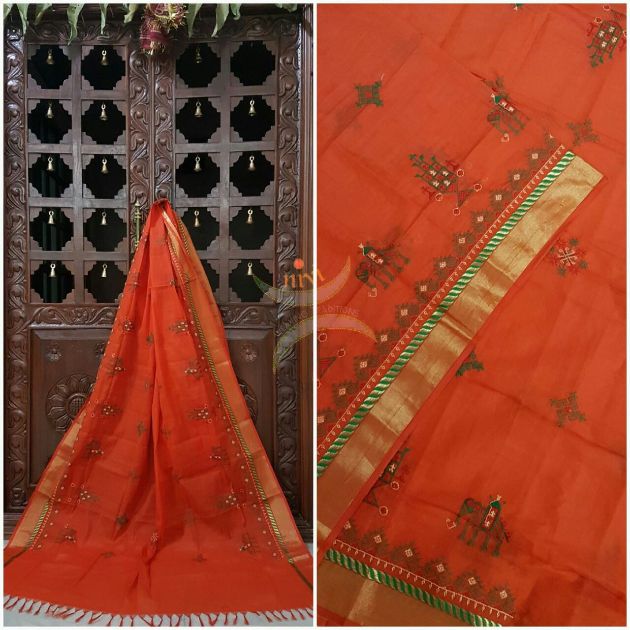 Orange with Gold  Kota Cotton Kasuti embroidered Duppata with Traditional Anne Ambari motifs.