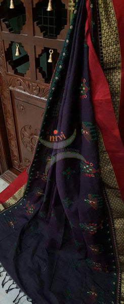 Purple with Red Kota Cotton Kasuti embroidered Duppata with Traditional Anne Ambari motifs.
