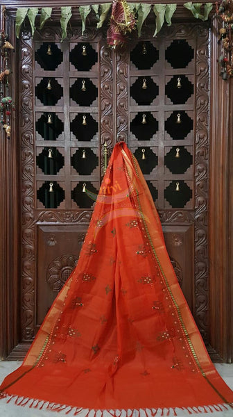 Orange with Gold  Kota Cotton Kasuti embroidered Duppata with Traditional Anne Ambari motifs.