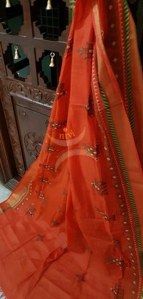 Orange with Gold  Kota Cotton Kasuti embroidered Duppata with Traditional Anne Ambari motifs.