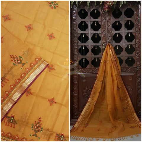 Mustard with Maroon Kota Cotton Kasuti embroidered Duppata with Traditional Anne Ambari motifs.