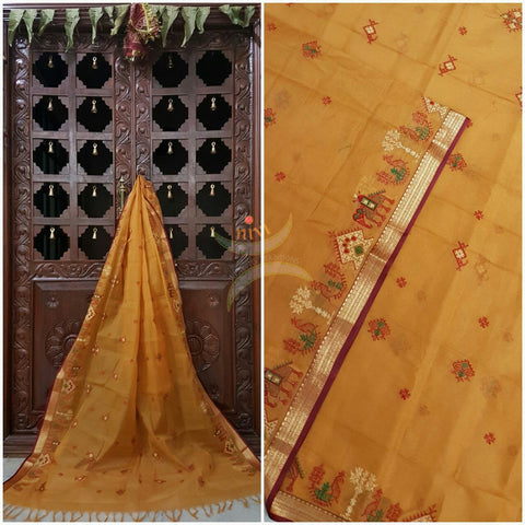 Mustard with Maroon Kota Cotton Kasuti embroidered Duppata with Traditional Anne Gopura motifs.
