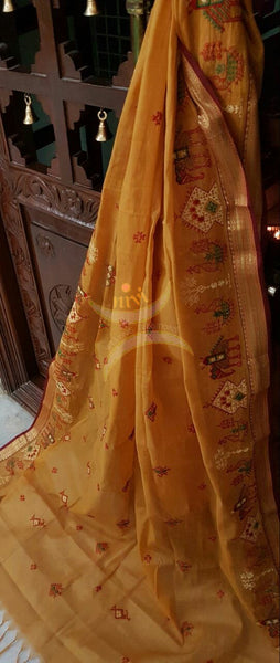 Mustard with Maroon Kota Cotton Kasuti embroidered Duppata with Traditional Anne Gopura motifs.