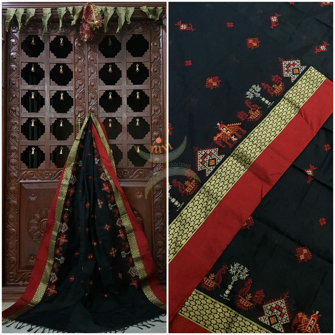 Black with Red Kota Cotton Kasuti embroidered Duppata with Traditional Anne Gopura motifs.