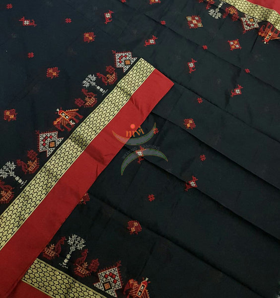 Black with Red Kota Cotton Kasuti embroidered Duppata with Traditional Anne Gopura motifs.