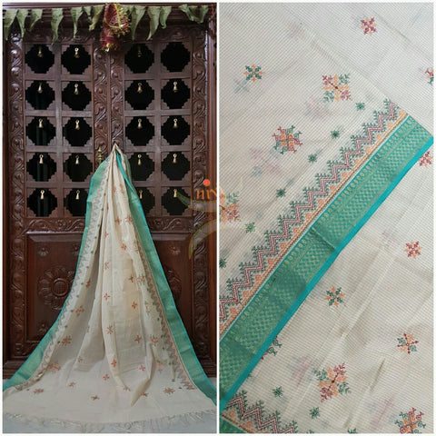 Off white with Sea green Kota Cotton Kasuti embroidered Duppata with Traditional motifs.