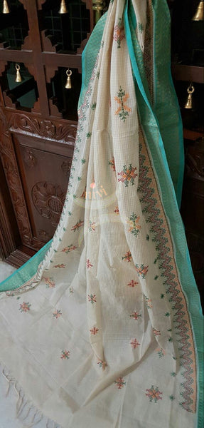 Off white with Sea green Kota Cotton Kasuti embroidered Duppata with Traditional motifs.