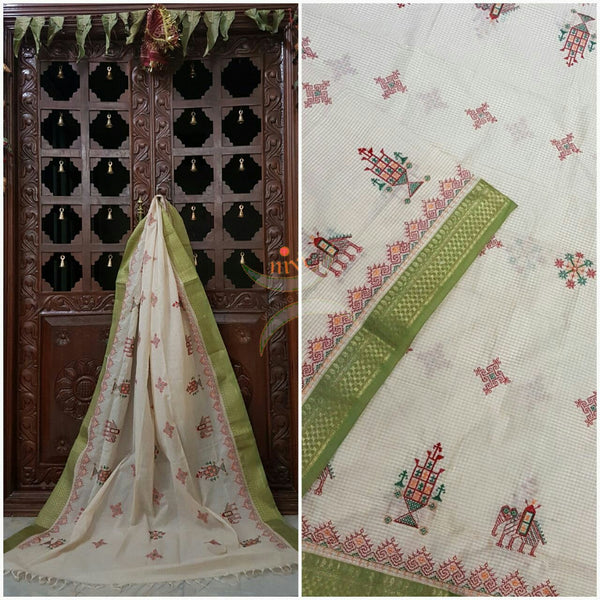 Off white with Moss Green Cotton Kasuti embroidered Duppata with Traditional Anne Ambari motifs.