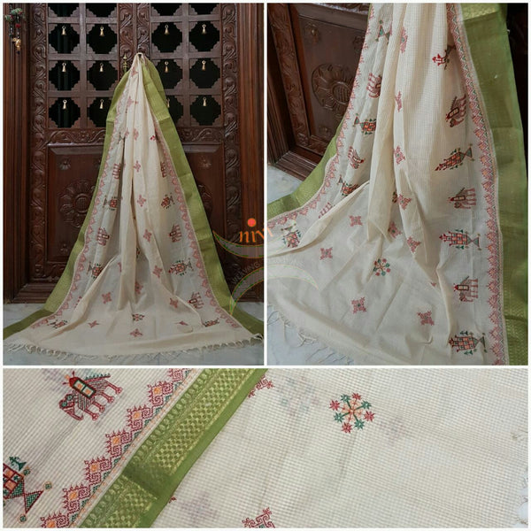 Off white with Moss Green Cotton Kasuti embroidered Duppata with Traditional Anne Ambari motifs.