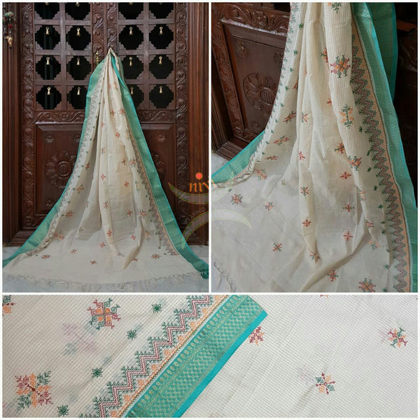 Off white with Sea green Kota Cotton Kasuti embroidered Duppata with Traditional motifs.