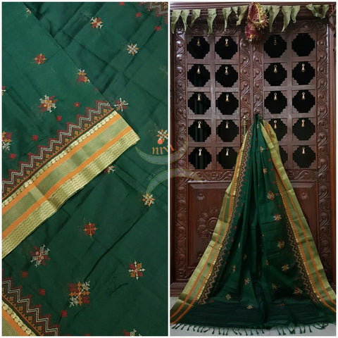 Green with Mustard Kota Cotton Kasuti embroidered Duppata with Traditional motifs.