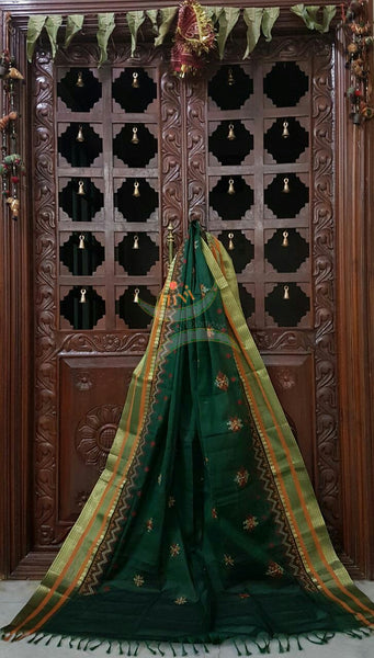 Green with Mustard Kota Cotton Kasuti embroidered Duppata with Traditional motifs.