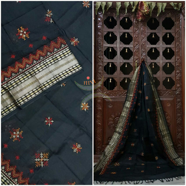 Black with Silver Kota Cotton Kasuti embroidered Duppata with Traditional motifs.