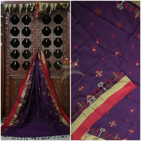 Purple with Red Kota Cotton Kasuti embroidered Duppata with Traditional Anne Gopura motifs.