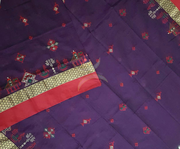 Purple with Red Kota Cotton Kasuti embroidered Duppata with Traditional Anne Gopura motifs.
