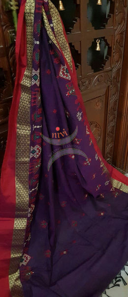 Purple with Red Kota Cotton Kasuti embroidered Duppata with Traditional Anne Gopura motifs.