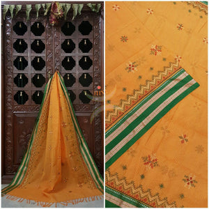 Mustard with Green Kota Cotton Kasuti embroidered Duppata with Traditional motifs.