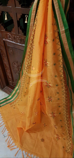 Mustard with Green Kota Cotton Kasuti embroidered Duppata with Traditional motifs.
