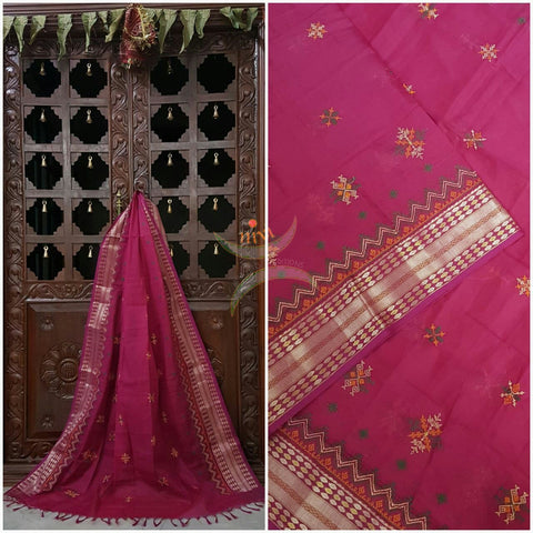 Fuschia pink with Silver Kota Cotton Kasuti embroidered Duppata with Traditional motifs.