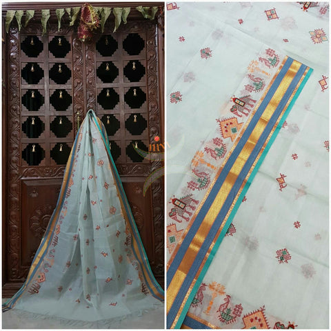 Powder blue Kota Cotton Kasuti embroidered Duppata with Traditional Anne Gopura motifs.