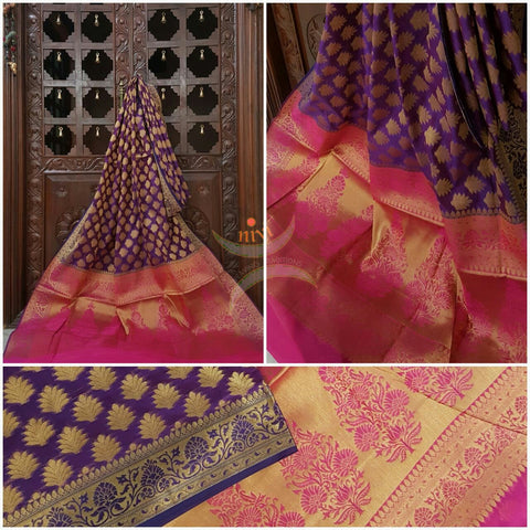 Purple Silk Cotton Benaras with traditional Brocade weaving all over the saree with contrasting pink pallu.