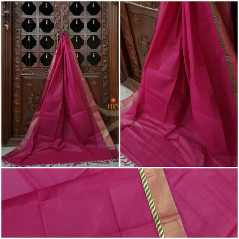 Bright pink south kota cotton dupatta with woven zari border.