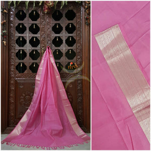 Pink south kota cotton dupatta with silver woven zari brocade border