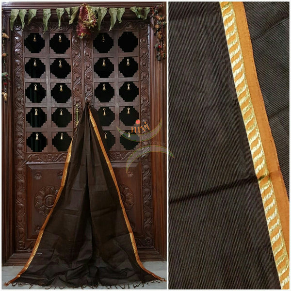 Brown south kota cotton dupatta with Mustard woven zari border.