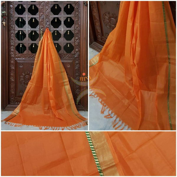 Orange south kota cotton dupatta with woven zari border.
