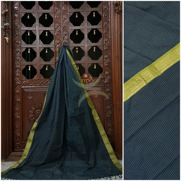 Teal south Checks Kota cotton dupatta with green woven zari border