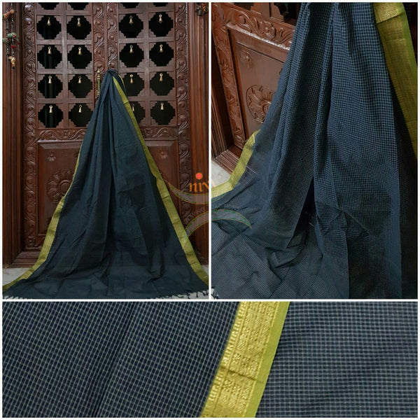 Teal south Checks Kota cotton dupatta with green woven zari border