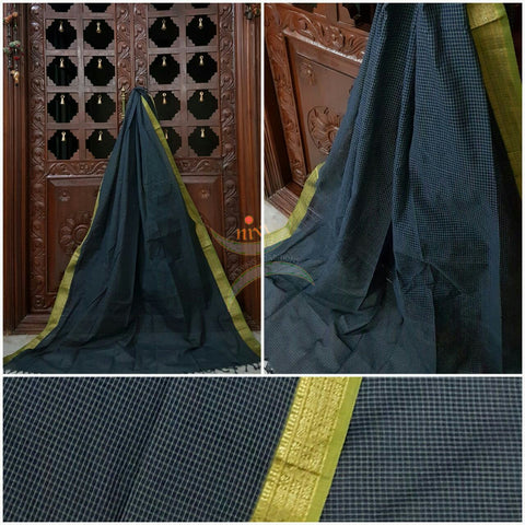 Teal south Checks Kota cotton dupatta with green woven zari border