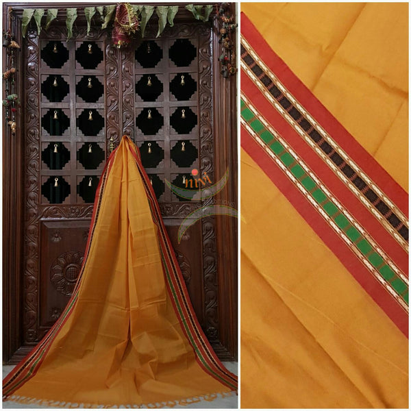 Mustard south kota cotton dupatta with red woven border