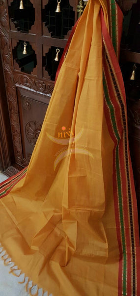 Mustard south kota cotton dupatta with red woven border