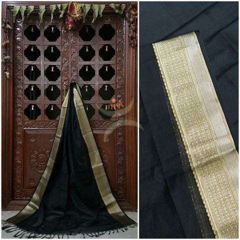 Black south kota cotton dupatta with silver woven zari brocade border