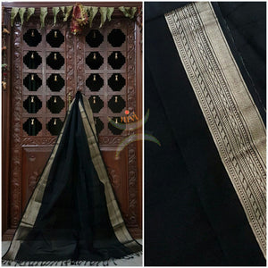 Black south kota cotton dupatta with silver woven zari brocade border