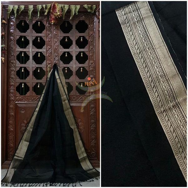 Black south kota cotton dupatta with silver woven zari brocade border