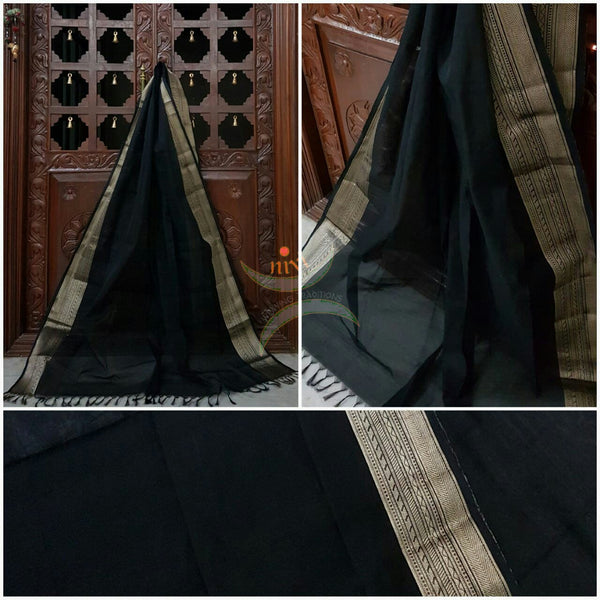 Black south kota cotton dupatta with silver woven zari brocade border