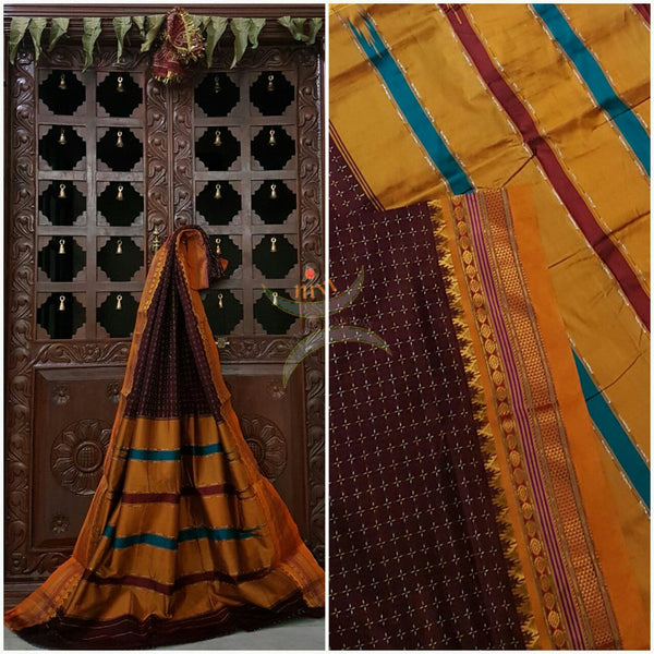 Maroon with mustard silk cotton woven chukki Ilkal and traditional tope teni pallu