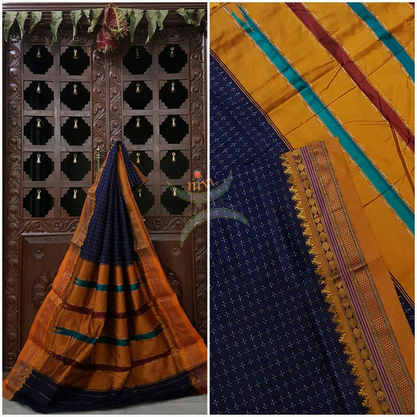 Royal blue with mustard silk cotton woven chukki Ilkal and traditional tope teni pallu