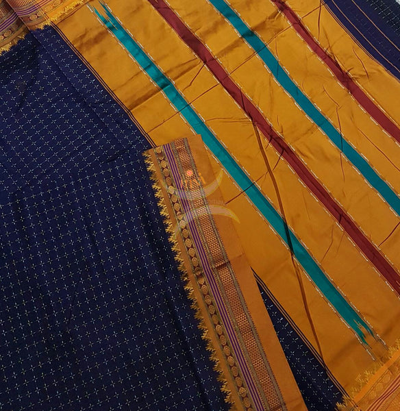 Royal blue with mustard silk cotton woven chukki Ilkal and traditional tope teni pallu