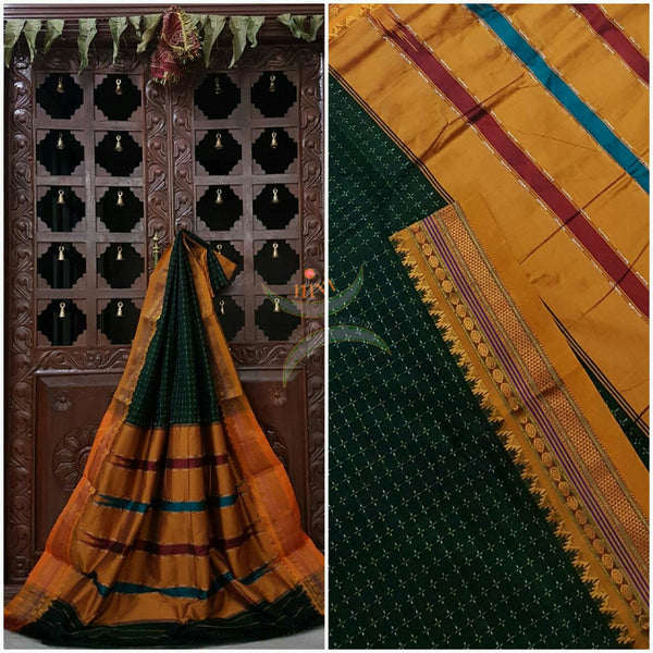 Green with mustard silk cotton woven chukki Ilkal and traditional tope teni pallu