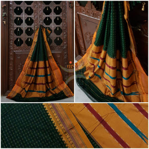 Green with mustard silk cotton woven chukki Ilkal and traditional tope teni pallu